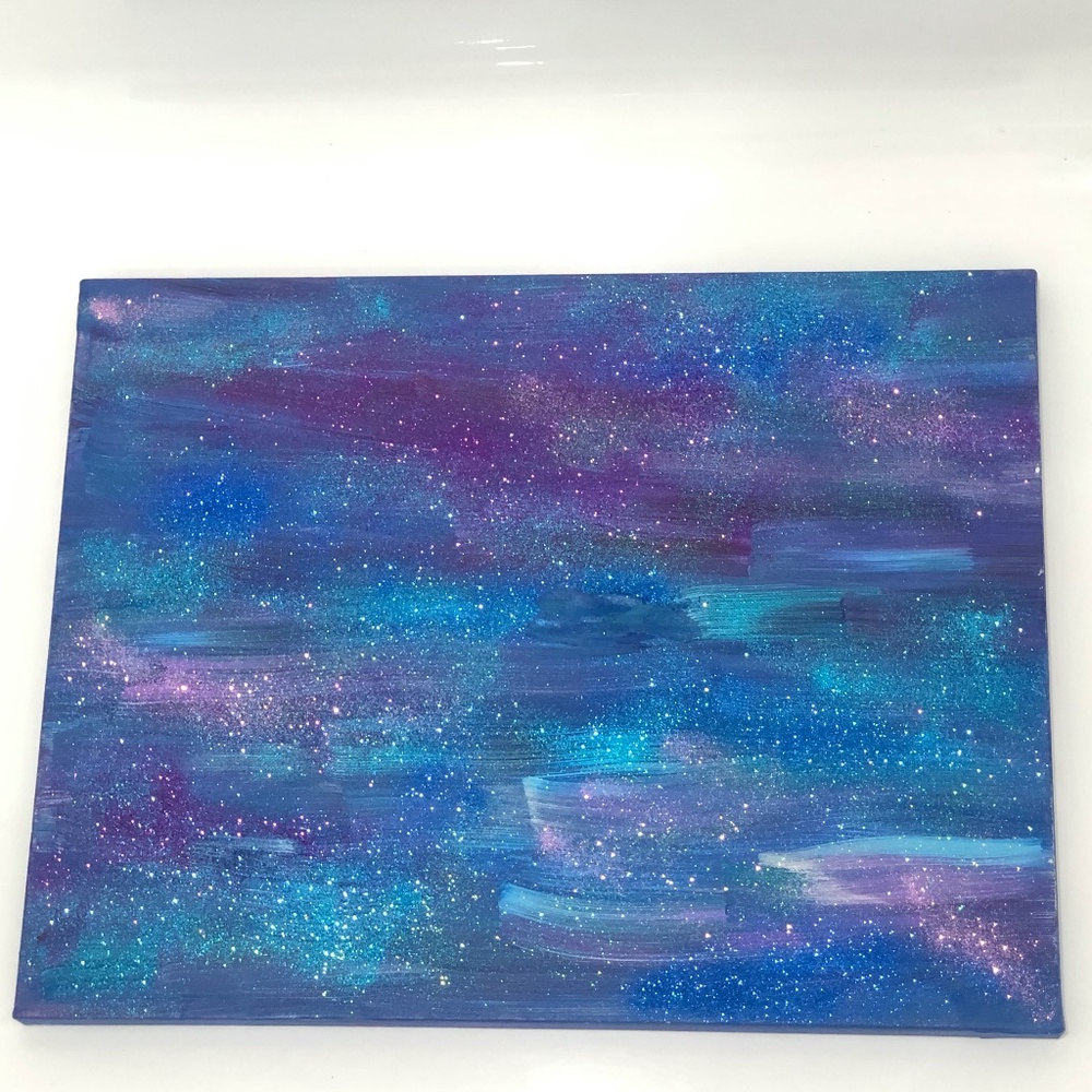 HANDCRAFTED BLUE/PURPLE/GREEN ABSTRACT STARRY NIGHT GLITTER ART